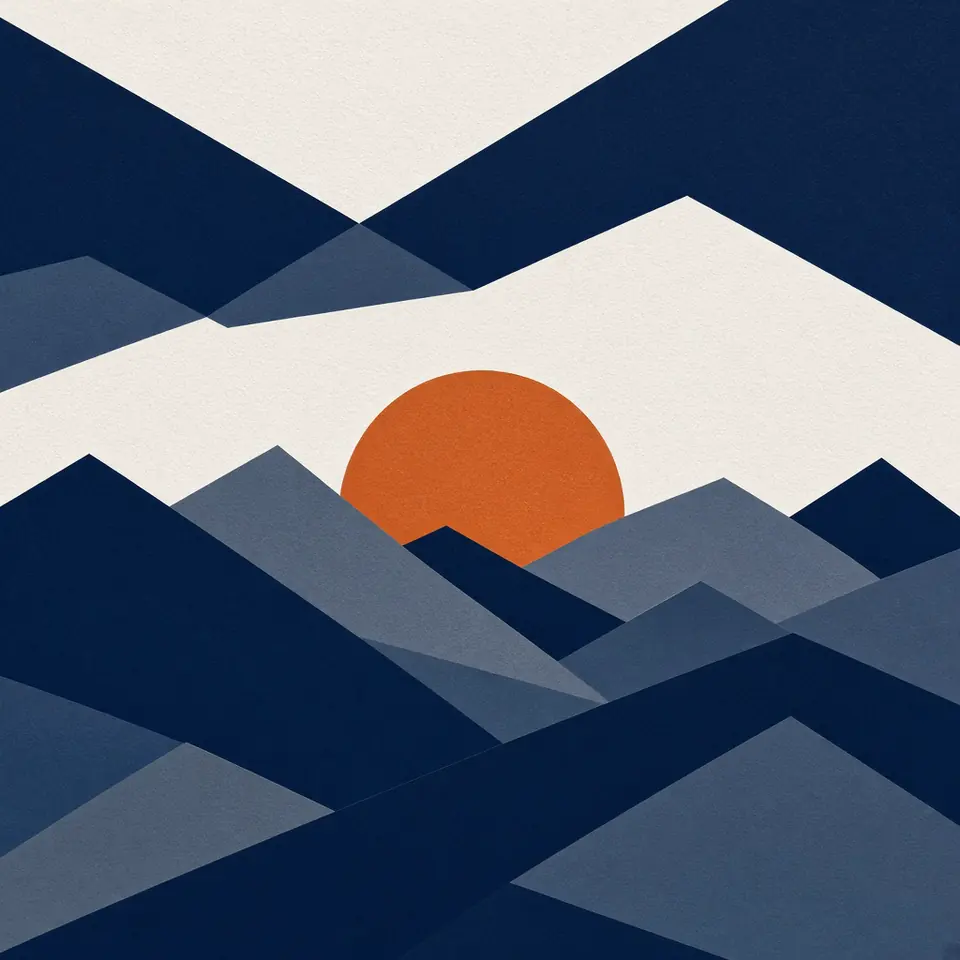 Abstract illustration: layered Treasure Valley ridgelines in hard navy and slate planes, lit by a low copper sun on the horizon.