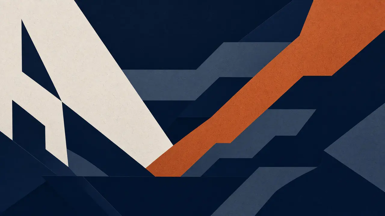 Abstract illustration: stacked navy strata with a copper core cutting through every layer, standing for one practice spanning six peer competencies.