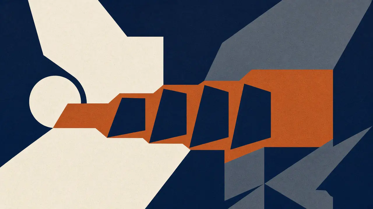 Abstract illustration: ordered navy panels along a copper path from an open question on the left to a findings block on the right, standing for a structured intake.