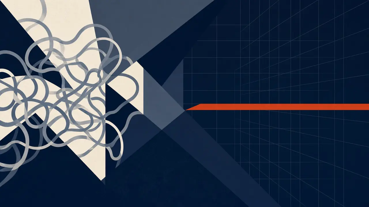 Abstract illustration: a tangle of pale paths on the left resolving into a single copper vector across a calm navy grid on the right.