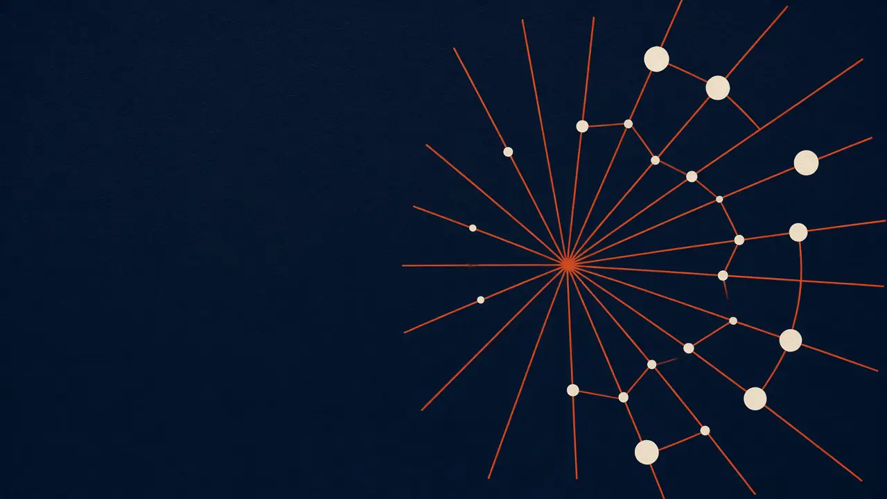 Abstract illustration: copper signal lines radiating from a clear origin across a navy field toward distant nodes, standing for remote reach without a physical office.