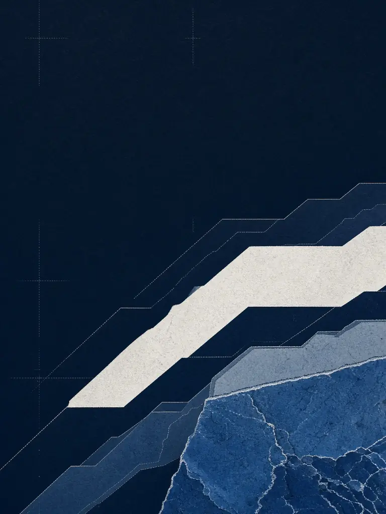 Abstract architectural section: layered mineral-blue and pale steel strata align against an ink-navy field, standing for multiple technical disciplines brought into one operating picture.