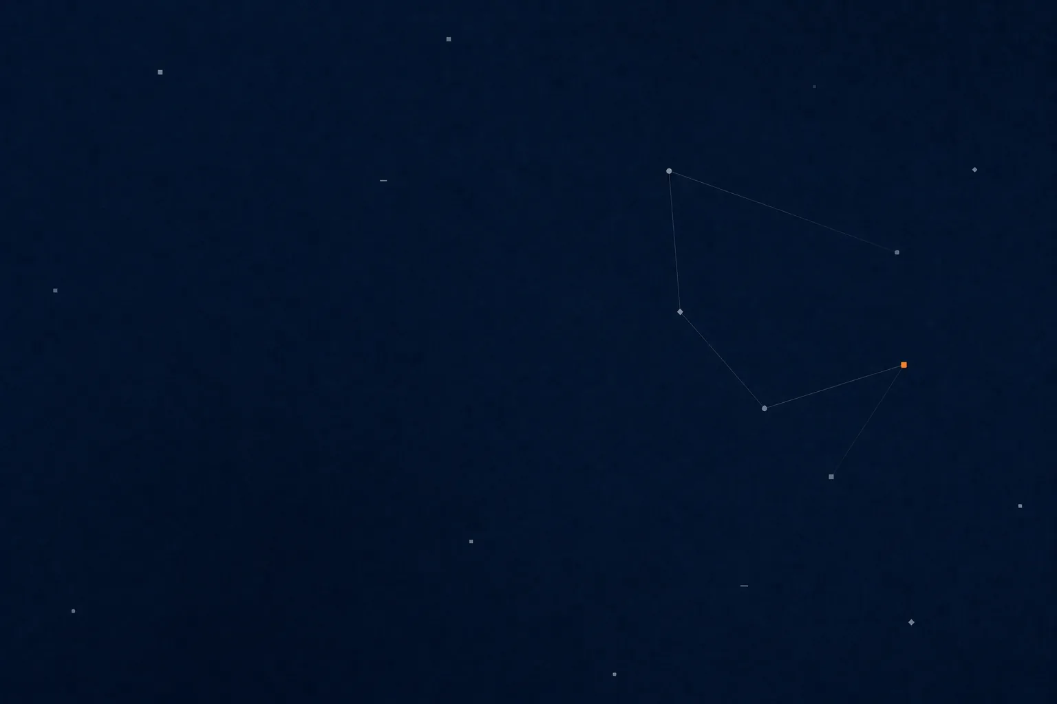 Abstract illustration: a sparse constellation of pale nodes linked into one shape against deep navy, with a single copper point among them.