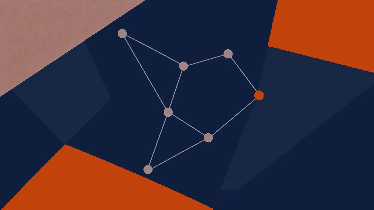 Abstract illustration: a sparse constellation of pale nodes linked into one shape against deep navy, with a single copper point among them.