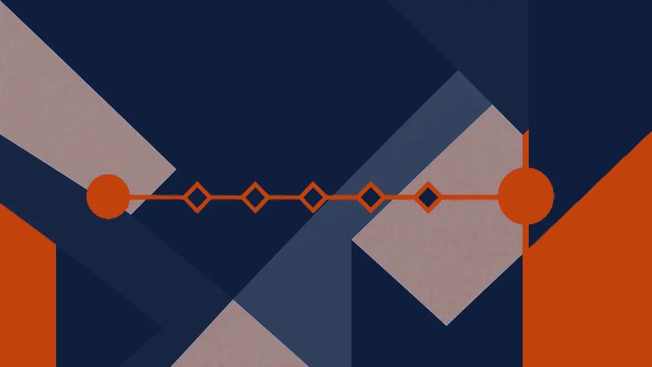 Abstract illustration: five copper decision marks on a single path between an origin node and a destination, standing for the questions that must be answered before a pilot reaches production.