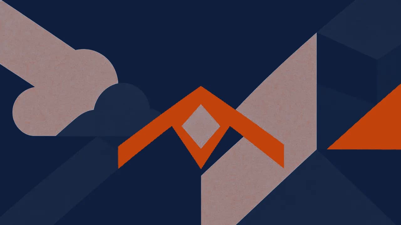 Abstract illustration: two bold navy fields joined as equal peers by a two-way copper bridge with a shield mark at the midpoint, standing for hybrid architecture rather than compromise.