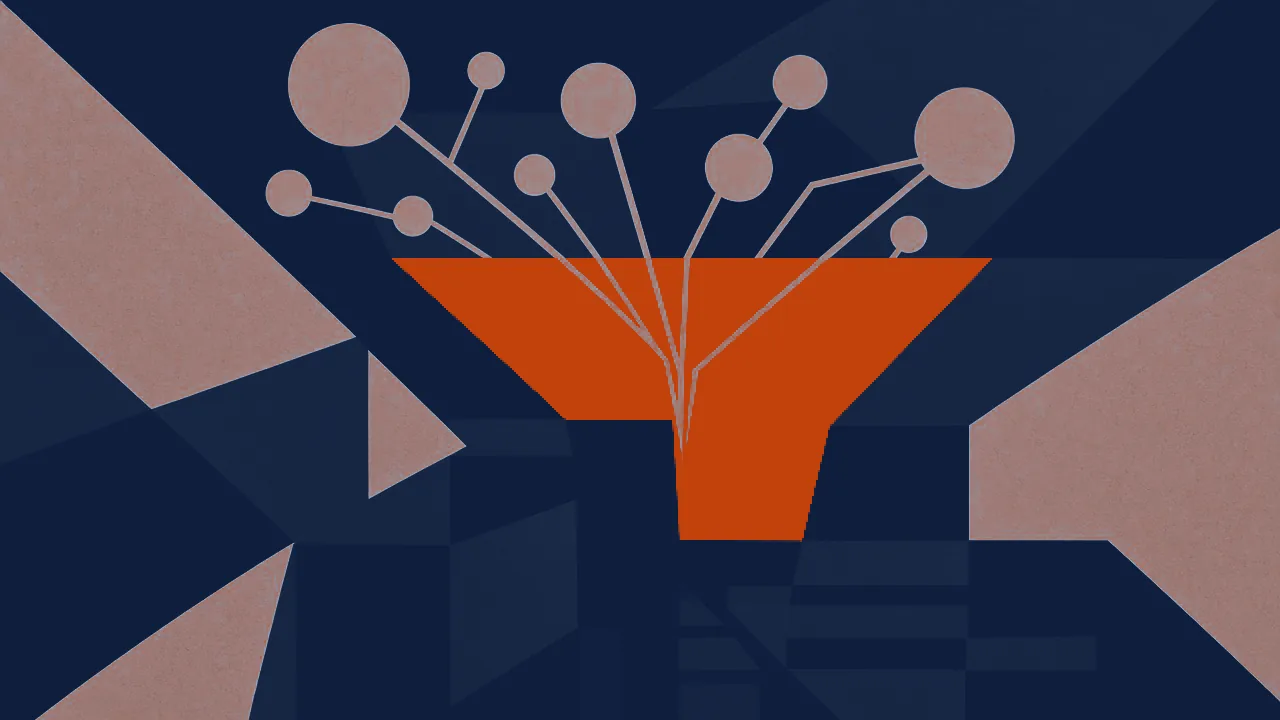 Abstract illustration: pale nodes above forced through one copper gate before reaching ordered navy blocks below, standing for identity as the control plane every path must cross.