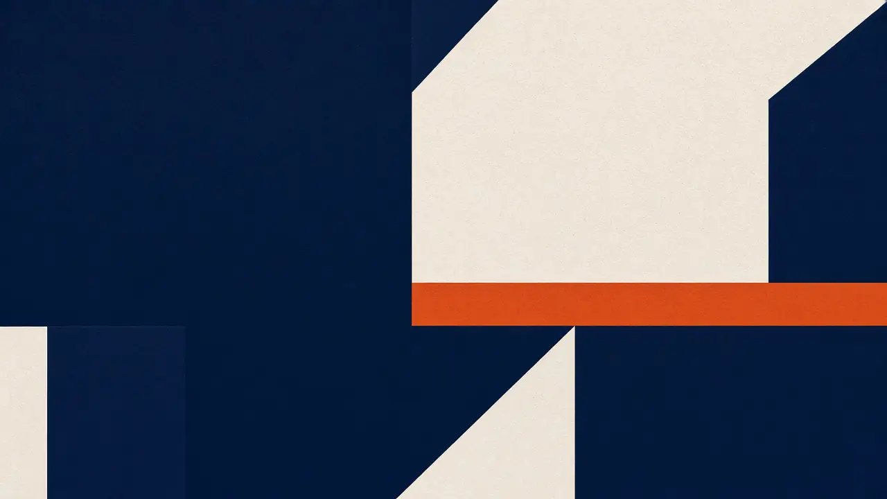 Abstract illustration: bold navy planes and a copper underline on a composed surface, standing for editorial writing rather than a literal page.