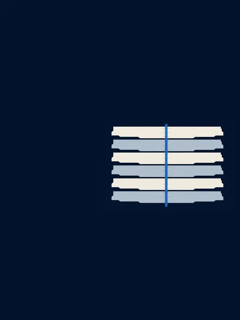Abstract architectural section: six equal pale strata register against one mineral-blue datum on an ink-navy field, standing for six peer competencies held in one practice.